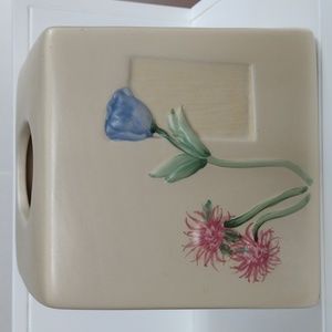 Tissue Holder Ceramic Hand-painted Bisque colored Vintage 6x6 3D flowers
